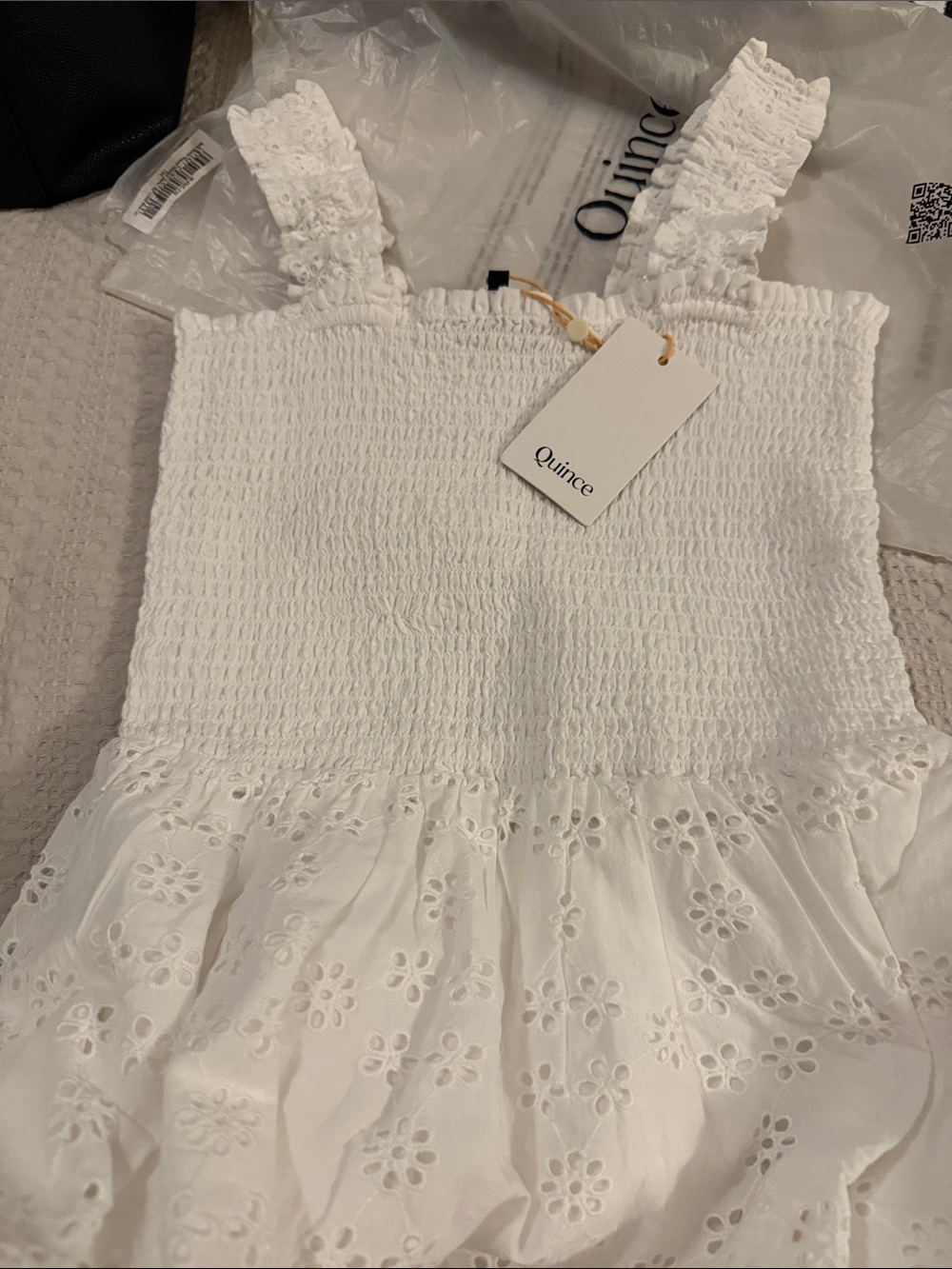 Quince White Smocked Eyelet Midi Dress with Lace Straps